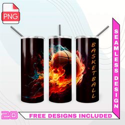 a basketball on fire tumbler wrap seamless designs - skinny tumbler 20oz design png