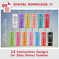 13 inspired energy drink templates - seamless sublimation patterns - 20oz skinny tumbler - full tumbler wrap