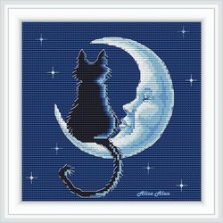 cross stitch pattern cat crescent silhouette monochrome animal feline abstract kitty moon counted crossstitch patterns