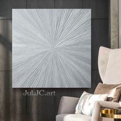 silver rays abstract art shiny original painting textured artwork modern wall decor | living room art above couch decor