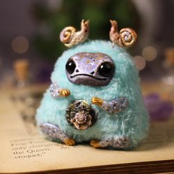 toad art handmade miniature doll, plush fluffy blue cute frog, toy for gift