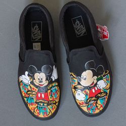 mickey mouse hand painted slip-ons, black custom vans sneakers, disney shoes