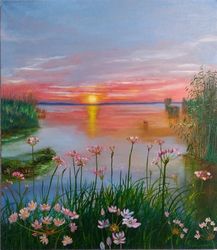 sunset painting sunset sky art 27*31 inch artwork lake in the forest oil painting