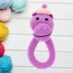 hippo rattle, stuffed rattle, newborn rattle gift, baby shower gift, teething rattle toy, crochet organic toy