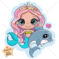 cute cartoon little mermaid png, clipart, dolphin, sublimation design, adorable, print, clip art, hearts