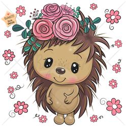 cute cartoon hedgehog png, clipart, sublimation design, children printable, girl, flowers, art