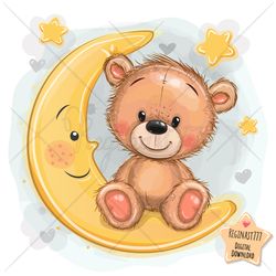 cute cartoon teddy bear png, clipart, moon, sublimation design, children illustration, digital clip art