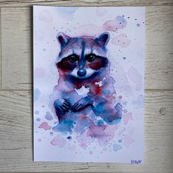 raccoon watercolor print, mysterious watercolor raccoon, poster art, cottagecore decor, galaxy raccoon art, a4 print