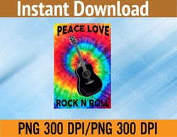 peace love rock n roll tie dye hippie guitar music retro png, digital download