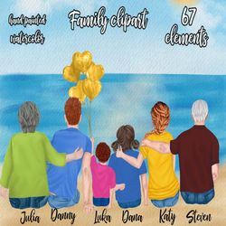 family clipart: "grandparents clipart" family sitting beach landscape dad mom children watercolor people siblings clipar