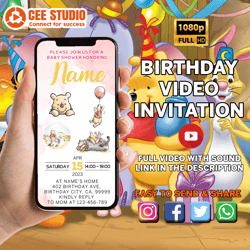 pooh - bear baby shower invitation, classic winnie-the-pooh baby sprinkle, baby shower video invitation, digital baby