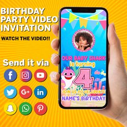 animated baby shark birthday invitation, girl baby shark invitation video, cute baby shark video invitation, blue baby