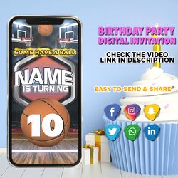 basketball animated video invitation for birthday party with a child's photo, basketball invitation digital