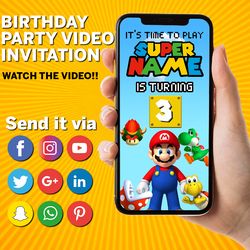 super mario video invitation, super mario birthday invitation video, super mario birthday invitation, luigi, digital