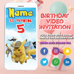 pokemon video invitation, pokemon unite birthday party, kids, fun, pokemon themed party, video invite, pokemon animated