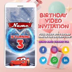 cars video invitation, cars birthday invitation, cars invitation, lightning mcqueen invitation, personalized, cars