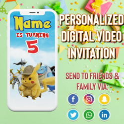 pokemon video invitation, pokemon unite birthday party, kids, fun, pokemon themed party, video invite, pokemon animated