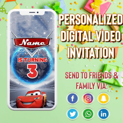 cars video invitation, cars birthday invitation, cars invitation, lightning mcqueen invitation, personalized, cars