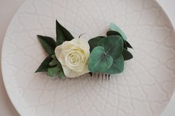 ivory rose eucalyptus hair comb. boho wedding hair piece. greenery bridal hair comb.