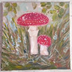 fly agaric original oil painting mushroom wall art forest artwork amanita painting country home decor farmhouse artwork