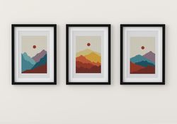 boho cross stitch pattern pdf, mid century modern wall decor, minimalist abstract art, mountain wall art hand embroidery