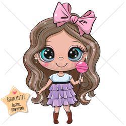 cute cartoon girl png, clipart, sublimation design, bow, pretty, lollipop, children printable, clip art