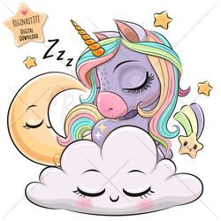 cute cartoon unicorn png, clipart, sublimation design, children printable, sleeping, clip art