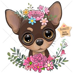 cute cartoon chihuahua png, dog, clipart, sublimation design, flowers, children illustration, digital clip art