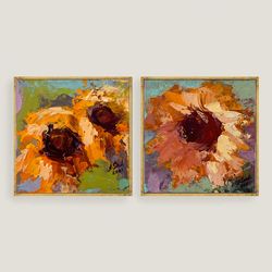 sunflowers of tuscany two paintings 3,7x3,9'' oil original arts impasto oil painting flowers wall art palette knife art