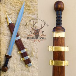 historical roman gladius sword 30" handmade high c45 steel rose wood handle with scabbard, gift for him, jw-0550-sw