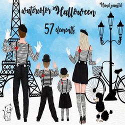 halloween family clipart: "paris clipart" matching family outfits dad mom children watercolor people parents clipart cut