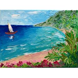 seascape painting original oil artwork small painting on canvas sea art blue sky artwork flowers painting colorful art