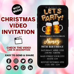 digital let's party beer birthday invitation, electronic beer e invite, men birthday video invitation, editable