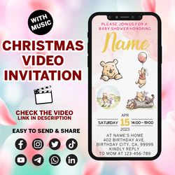 pooh - bear baby shower invitation, classic winnie-the-pooh baby sprinkle, baby shower video invitation, digital baby