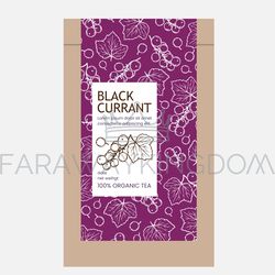 black currant tea packaging with berries purple background