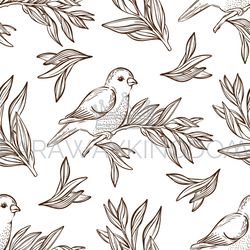 warbler on branch sketch vintage seamless pattern vector