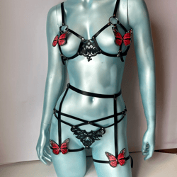 set women's genuine leather harness  with butterflies, garters with butterfly, leather harness, chest harness