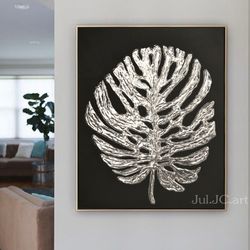 silver monstera leaf art abstract painting | floral original art silver and black textured artwork modern wall decor