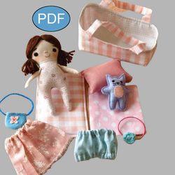 mini rag doll pattern with clothes & sleeping basket with bedding sewing pattern cloth doll pattern baby doll tutorial