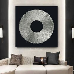 black and silver abstract painting silver sun original art textured artwork | living room decor above couch wall art