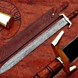 31 inch combat sword, hand forged damascus steel viking sword with leather sheath