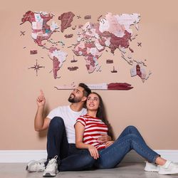 2d world map push pins, travel map of the world, modern wall art, wedding 5th anniversary gift by enjoy the wood