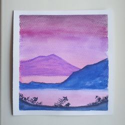 mountains landscape watercolor original paintings nature artwork fantasy art minimal wall art miniature