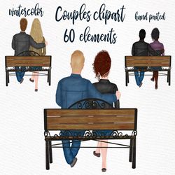 couples clipart: "couple on bench" custom couples bench clipart denim jacket girls clipart watercolor people sitting fig