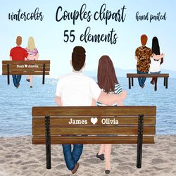 couples clipart: "couple on bench" custom couples bench clipart male clipart girls clipart watercolor people sitting fig