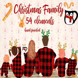 christmas family clipart: "watercolor family clipart" family sitting christmas pajamas parents and kids buffalo plaid ch