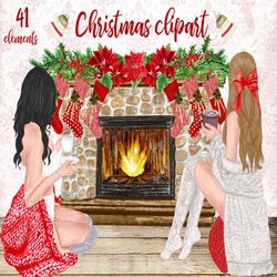 christmas girls clipart: "christmas clipart" fireplace illustration christmas stockings christmas garland best friends c