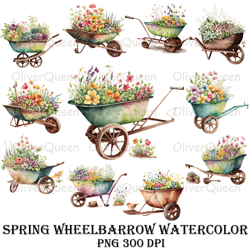 spring wheelbarrow flower watercolor art, spring wheelbarrow flower png