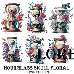 hourglass skull floral art, hourglass skull png, skull png