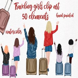 travel girls clipart: "best friends clipart" suitcases clipart travel fashion girl wanderlust clipart luggage clipart pl